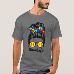 T-shirt Maman Vie Messager Bun Cheveux Autisme Softball Fu