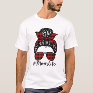 T-shirt Maman Vie Messy Bun Red Buffalo Plaid Christmas Mo