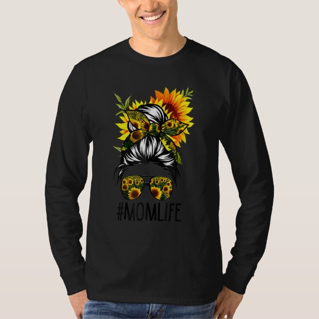 T-shirt Maman Vie Messy Cheveux Bun Tournesol Femmes Mère  (Devant)