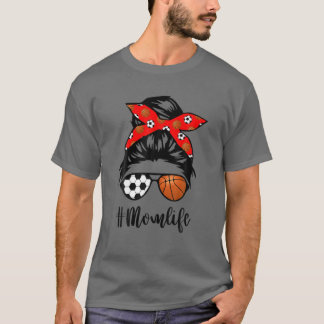 T-shirt Maman Vie Soccer Crâne Messy Bun Basketball Bandan