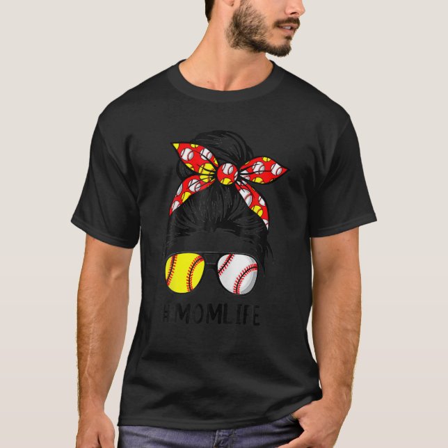 T-shirt Maman Vie Softball Baseball Mères Day Messy Bun (Devant)