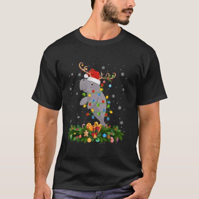 T-shirt Manatee Xmas Éclairage Reindeer Santa Hat Manatee  (Devant)