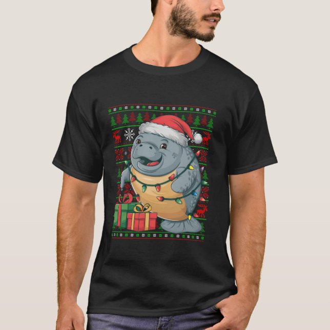 T-shirt Manatee Xmas Lights Ugly Santa Hat Manatee Noël (Devant)