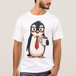 T-shirt Manchot d'affaires mignon avec lunettes de café et