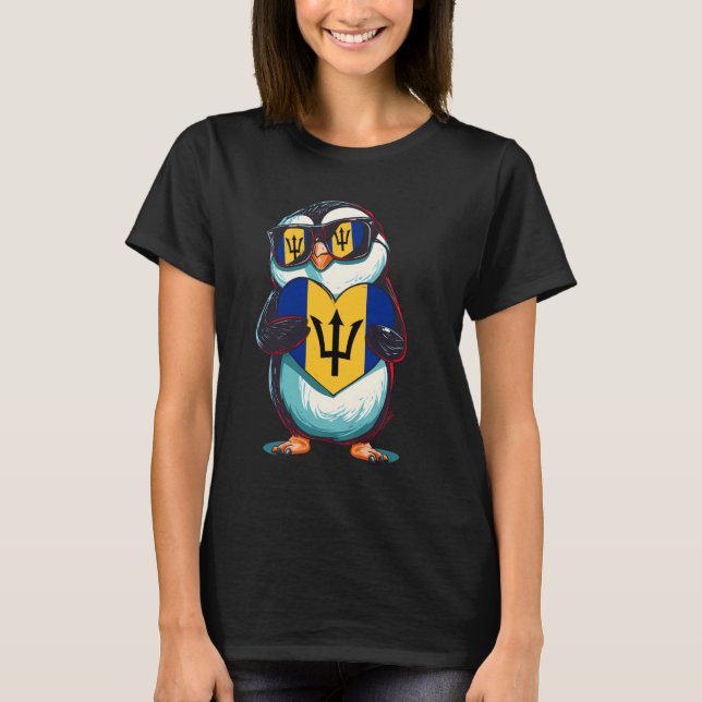 T-shirt Manchot Mignon Trident Cœur Drapeau de la Barbade  (Devant)