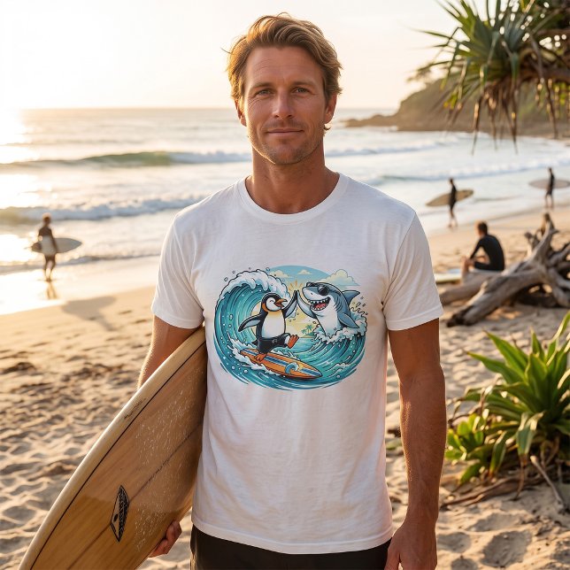 T-shirt Manchot surfeur et requin high five (Créateur téléchargé)