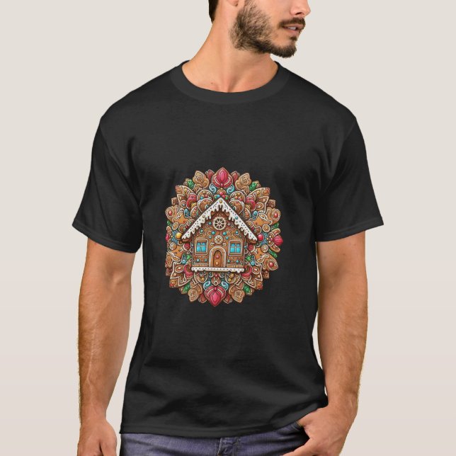 T-shirt Mandala de Noël avec pain d'épices Maison Long Sle (Devant)