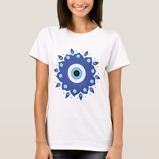 T-shirt Mandala Grec Mal Oeil Bleu Blanc (Devant)