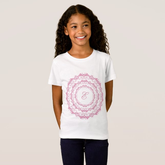 T-Shirt Mandala rose floral. Nom. (Devant entier)