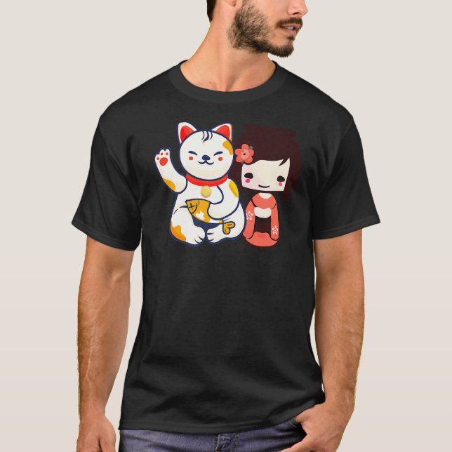 T-shirt Maneki Neko Chat Chanceux Invitant Avec Fille Mign (Devant)
