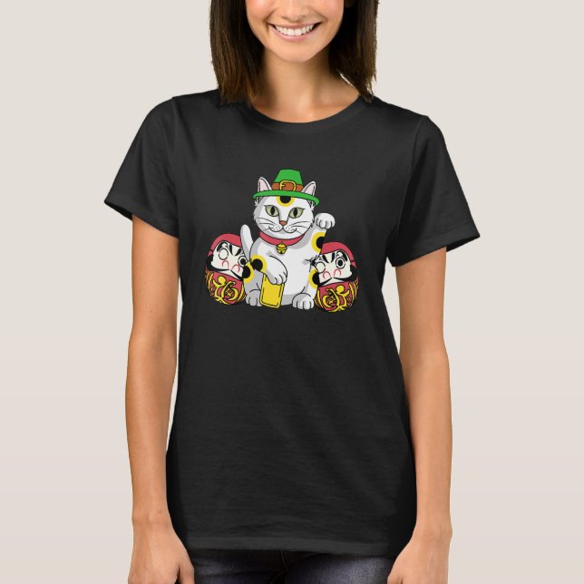 T-shirt Maneki Neko Chat japonais Daruma En St Patrick (Devant)