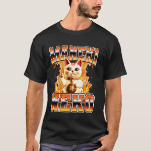 T-shirt Maneki Neko Chat Japonais Flammes Chanceuses Contr