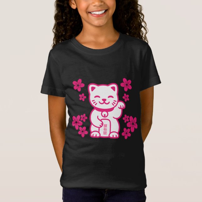 T-Shirt Maneki-neko japonais rose (Devant)