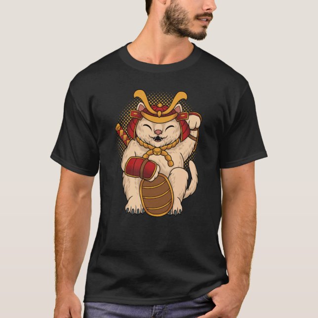 T-shirt Maneki Neko Samurai Japanese Lucky Cat Lucky Money (Devant)