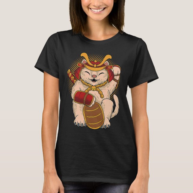 T-shirt Maneki Neko Samurai Japon Chat Lucky Chat Lucky Ar (Devant)
