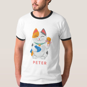 T-shirt Maneki Neko White Chat, symbole de bonne chance
