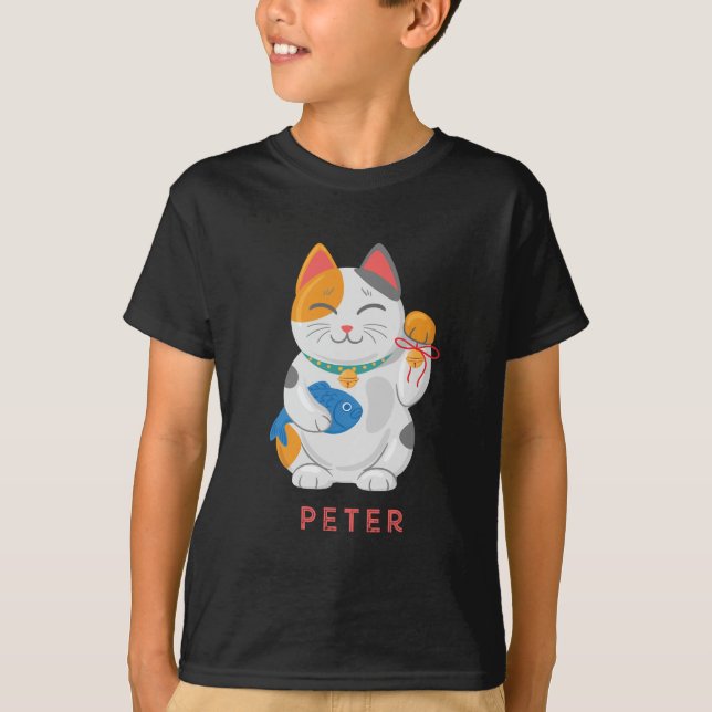 T-shirt Maneki Neko White Chat, symbole de bonne chance (Devant)