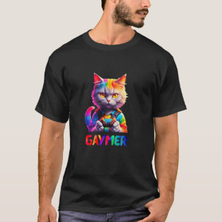 T-shirt Manette Chat Arc-en-Ciel Fierté Gaymer Jeux Vidéo 