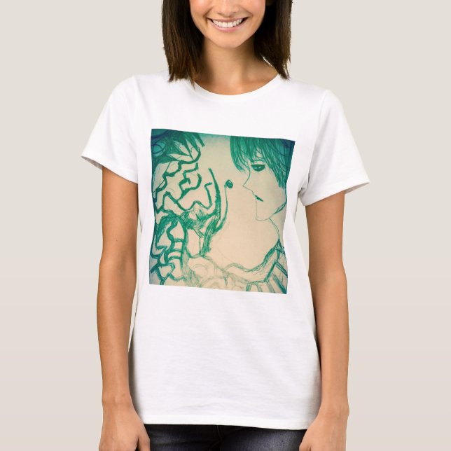 T-shirt manga manga vert monstre avec triste gars (Devant)