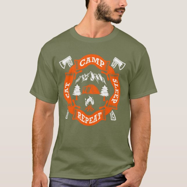 T-shirt Manger Campement Dormir Répéter Feu Haches Croisée (Devant)
