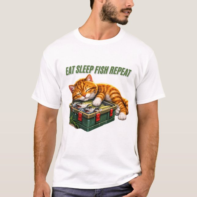 T-shirt Manger Dormir Poisson Répéter Drôle Chat (Devant)