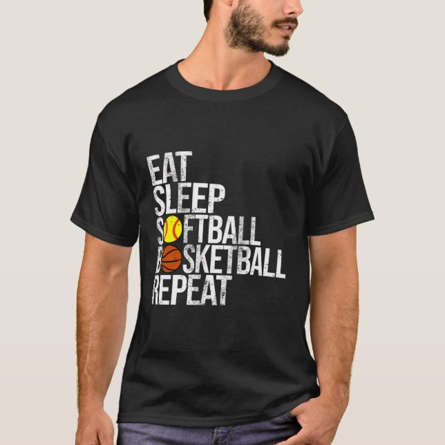 T-shirt Manger Sleep Softball Basketball Répéter Funny Bal (Devant)