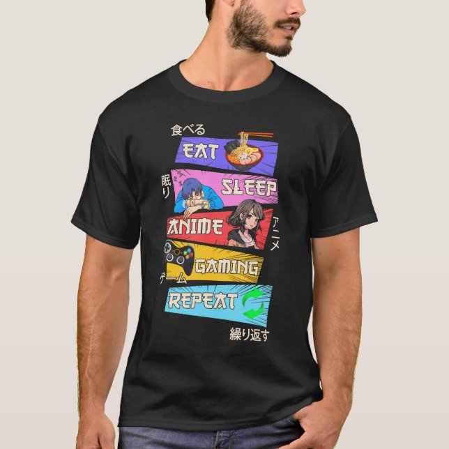 T-shirt Mangez Sleep Anime Jeu Répéter Otaku Gamer Japonai (Devant)