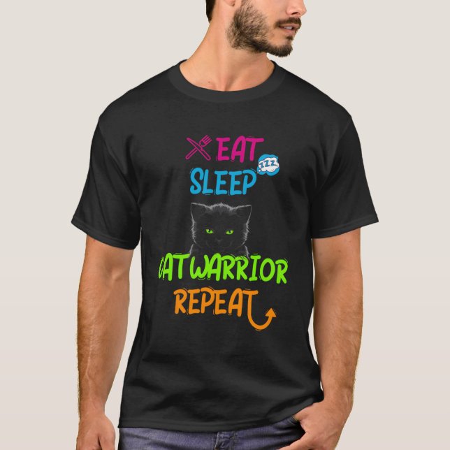 T-shirt Mangez Sleep Chat Guerrier Répéter Chat (Devant)