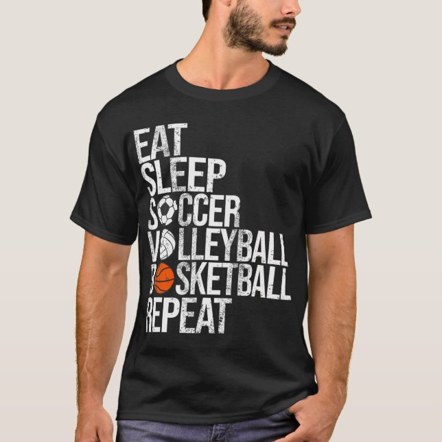 T-shirt Mangez Sleep Football Volleyball Basketball Répéte (Devant)
