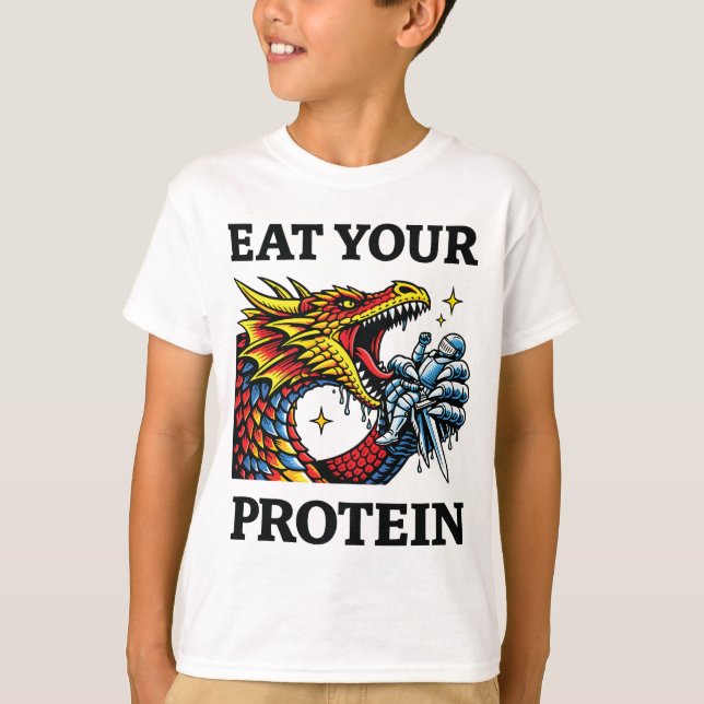 T-shirt Mangez vos protéines – Chevalier épique mangeant u (Devant)