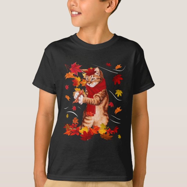 T-shirt Maple Cat Automne Maple Hello Fall Leaf Cadeau Fem (Devant)