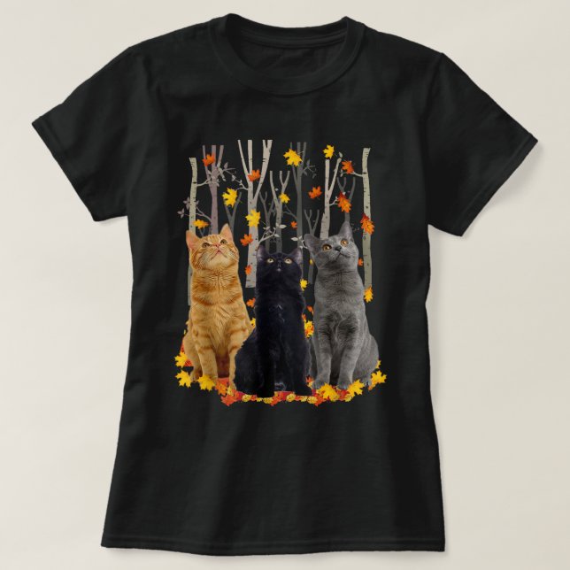 T-shirt Maple Cat Leaf Automne Bonjour Automne Funny Kitty (Design devant)