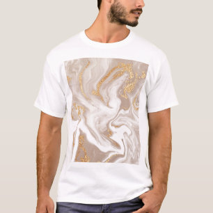 T-shirt Marbre liquide beige, art de la ligne dorée.