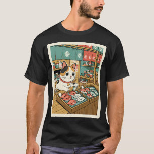 T-shirt Marché Cozy Chat Regardant du Poisson Frais au Qua