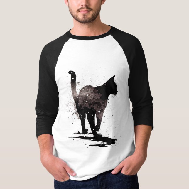T-shirt Marcher Chat Silhouette Noir sur Blanc (Devant)