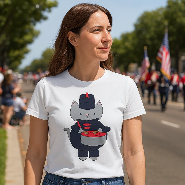 T-shirt Marching Band Cat Navy Blue Red (A tshirt featuring a gray cat wearing a navy blue & red marching band uniform playing the drums.)