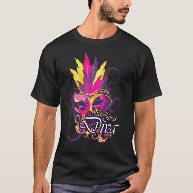 T-shirt Mardi Gras Diva Masque de plumes rose violet (Devant)