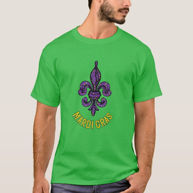 T-shirt Mardi Gras Fleur De Lis En Vert Jaune Et Violet (Devant)