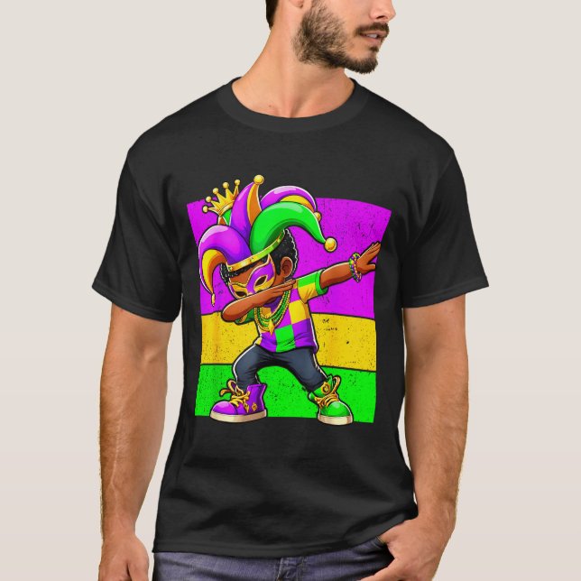 T-shirt Mardi Gras Funny Dabbing Black Boy Jester Hat Kid  (Devant)