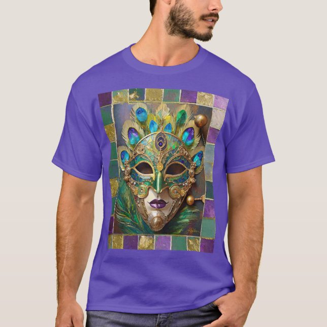 T-shirt Mardi Gras Gold Ceramic Peacock Feature Masque (Devant)