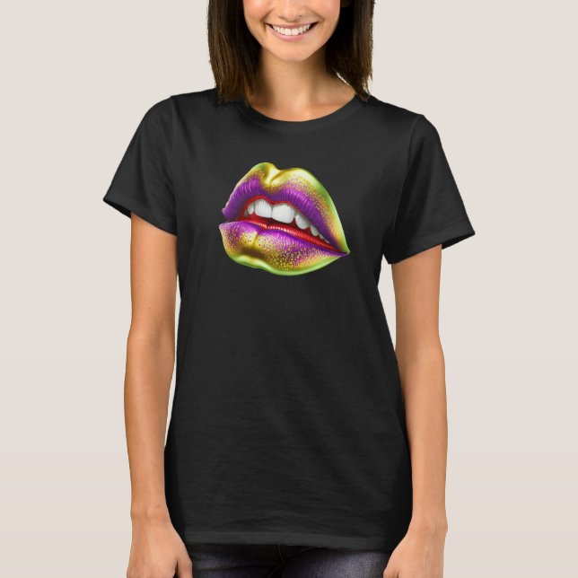 T-shirt Mardi Gras Lips Green Purple & Gold (Devant)