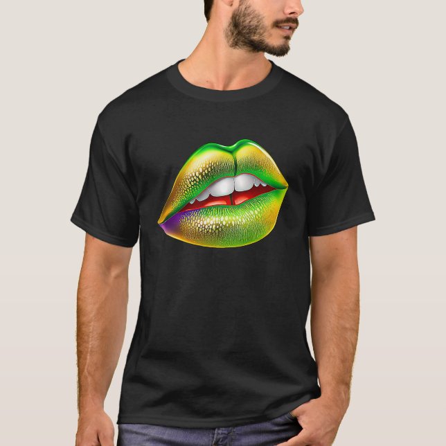 T-shirt Mardi Gras Lips Green Purple & Gold  1 (Devant)