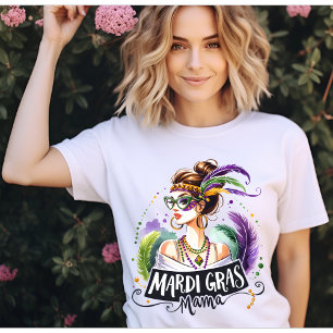 T-shirt Mardi Gras Maman Chignon Décoiffé Lunettes Joyeux 