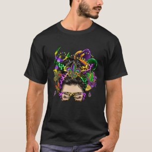 T-shirt Mardi Gras Messy Bun Fleur de Lis Parade Party Ret