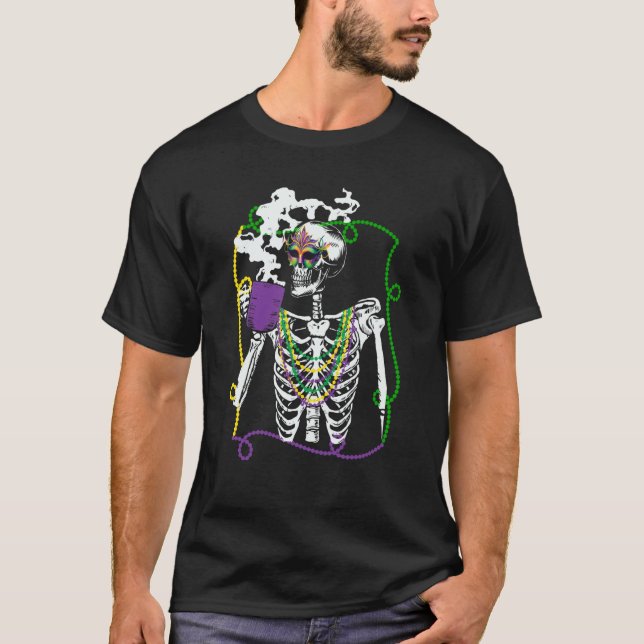 T-shirt Mardi Gras Skeleton Drinking Coffee Mask Beads Fat (Devant)