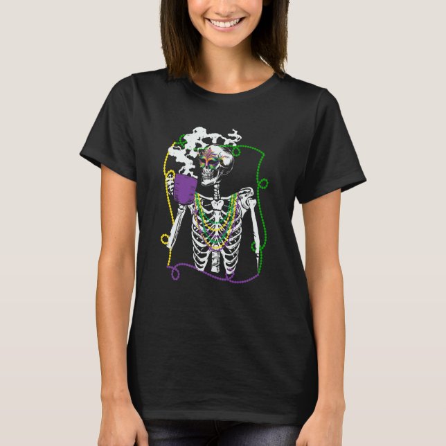 T-shirt Mardi Gras Skeleton Drinking Coffee Mask Beads Fat (Devant)