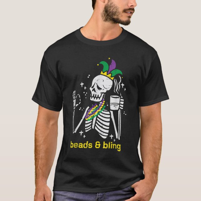 T-shirt Mardi Gras Skeleton perles Bling Funny Outfit Homm (Devant)