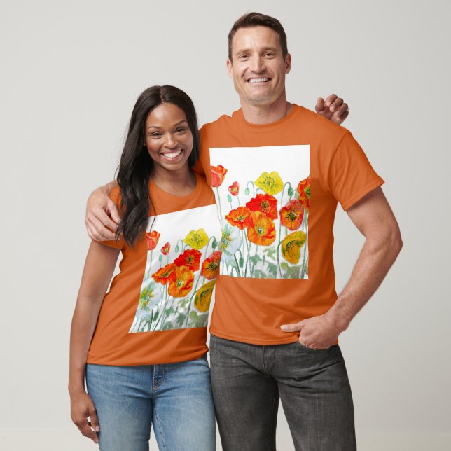 T-shirt Mariage d'aquarelle de Motif de fleurs rouge orang (Unisexe)