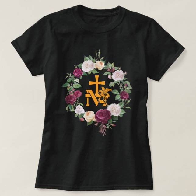 T-shirt Marian Catholic M & Faith Cross Floral Religieux (Design devant)