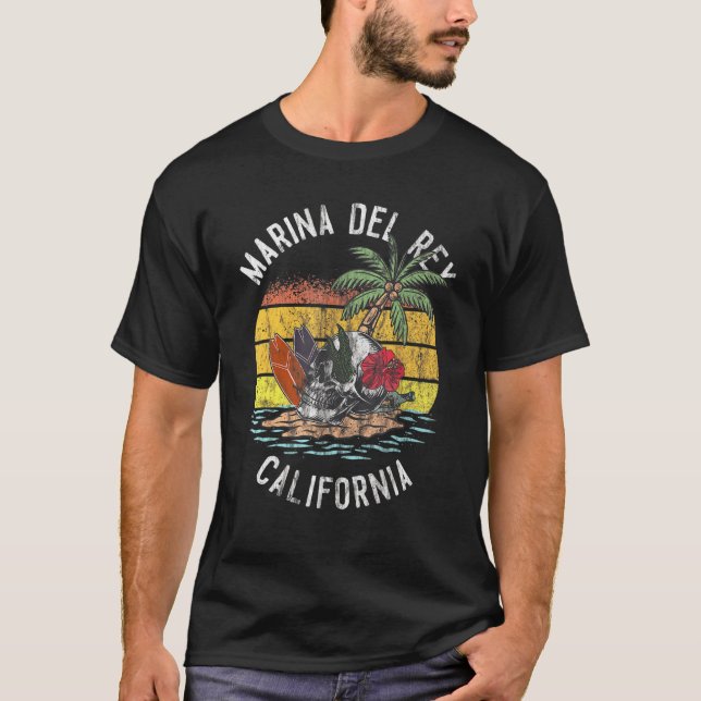 T-shirt Marina Del Rey Beach California Palms Skull Surf S (Devant)